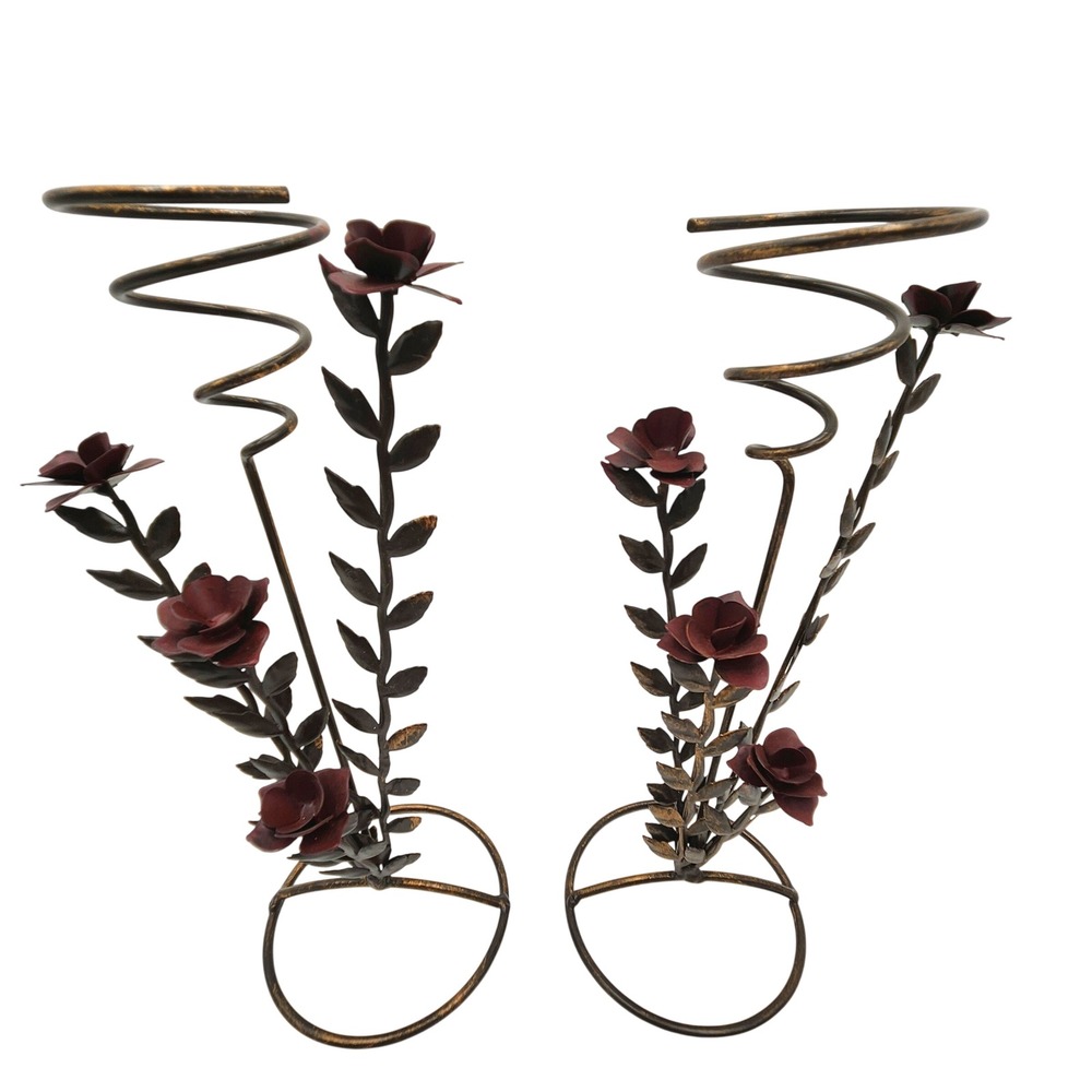 Pair Vtg Metal Rose Flower Votive Candle Holders Spiral Wire Tower Romantic Goth